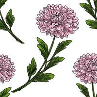 Seamless pattern of delicate pink chrysanthemum flowers with lush green leaves, arranged in a repeating design, perfect for textile prints or wallpapers. vector