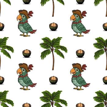 Seamless pattern featuring cheerful pirate parrots in tricorn hats, lush palm trees, and coconuts, creating a vibrant tropical island adventure design. vector