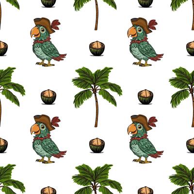 Seamless pattern featuring cheerful pirate parrots in tricorn hats, lush palm trees, and coconuts, creating a vibrant tropical island adventure design.