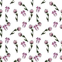 Seamless pattern of delicate pink chrysanthemum and purple bows on a white background, a charming floral design perfect for spring or feminine projects. vector