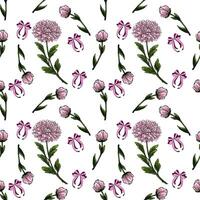 Seamless pattern with hand-drawn pink chrysanthemum flowers, buds, and purple bows on a white background, creating a delicate and romantic floral design. vector