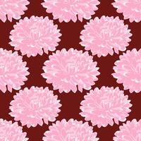 Seamless pattern of stylized pink chrysanthemum flowers on a maroon background, creating a sophisticated and elegant floral design. vector