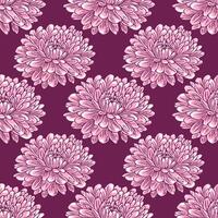 Seamless pattern of delicate pink chrysanthemum flowers on a deep burgundy background, featuring detailed line art style and a repeating design ideal for textile prints or digital papers. vector