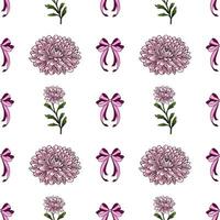 Seamless pattern with hand-drawn pink chrysanthemum flowers, delicate bows, and green leaves, creating a charming and elegant floral design ideal for feminine projects. vector