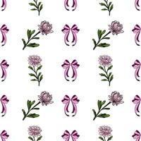 Seamless pattern featuring delicate pink chrysanthemum flowers, elegant purple bows, and simple green leaves on a white background, creating a charming and romantic design. vector