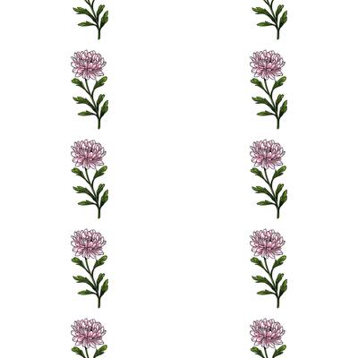Elegant seamless pattern with delicate pink chrysanthemum flowers and green leaves, arranged vertically in a repeating design, perfect for textile, wallpaper, or packaging.