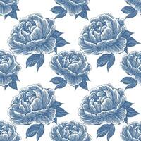 Seamless pattern of detailed blue peonies with etched style leaves on a white background, creating a sophisticated and elegant floral design. vector