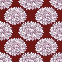 Seamless pattern of hand-drawn white chrysanthemum flowers with purple outlines on a maroon background, creating an elegant and intricate floral design. vector