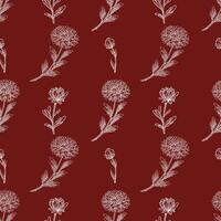 Seamless pattern with elegant white line art chrysanthemum flowers and leaves on a deep burgundy background, perfect for autumnal designs and textile prints. vector