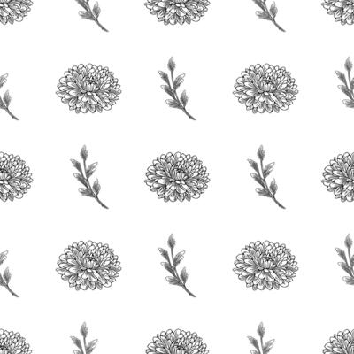 Seamless pattern with hand-drawn outline chrysanthemum flowers and delicate sprigs, creating an elegant and minimalist floral design, perfect for textile, wallpaper, or packaging.