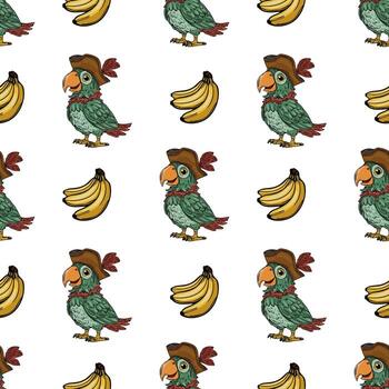 Seamless pattern featuring cheerful pirate parrots in tricorn hats and bunches of ripe bananas on a white background, creating a playful and vibrant tropical design. vector