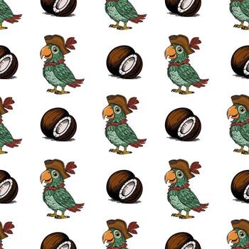 sin costura modelo presentando adorable pirata loros en tricornio sombreros y reducido a la mitad cocos, creando un juguetón y caprichoso tropical diseño. vector