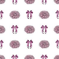 Seamless pattern with delicate pink chrysanthemum flowers and elegant purple bows on a white background, ideal for feminine designs and spring-themed projects. vector