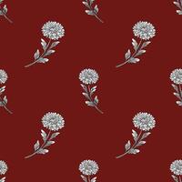 Elegant Seamless Pattern with Hand-Drawn White Chrysanthemum Flowers on a Deep Burgundy Background, Ideal for Textile Design or Wallpaper. vector
