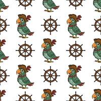 Seamless pattern featuring charming pirate parrots in tricorn hats and vintage ship wheels, creating a playful nautical design perfect for textile, wallpaper, or web backgrounds. vector