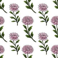 Seamless pattern of delicate pink chrysanthemum flowers with detailed green leaves, creating a charming floral design perfect for textile prints, wallpapers, or packaging. vector