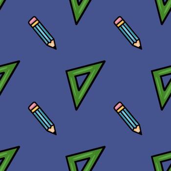 un juguetón sin costura modelo presentando un repitiendo motivo de vibrante azul lapices y verde conjunto cuadrícula en un profundo índigo fondo, creando un alegre y educativo diseño. vector