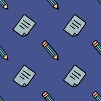 Seamless pattern featuring a playful design of teal pencils and light-blue papers on a deep indigo background, creating a vibrant and cheerful educational backdrop. vector
