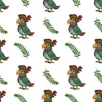 Seamless pattern featuring cheerful pirate parrots in brown tricorn hats and tropical green leaves on a white background, ideal for kids textile or wrapping paper design. vector