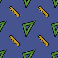 A playful seamless pattern featuring a repeating motif of yellow rulers and green set squares on a deep blue background, creating a vibrant and energetic design ideal for educational or geom... vector