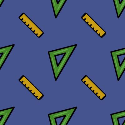 A playful seamless pattern featuring a repeating motif of yellow rulers and green set squares on a deep blue background, creating a vibrant and energetic design ideal for educational or geom...