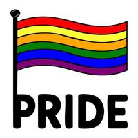 Vibrant illustration of a waving Pride flag on a pole, accompanied by the bold word PRIDE, perfect for LGBTQ themed designs and celebrations. vector