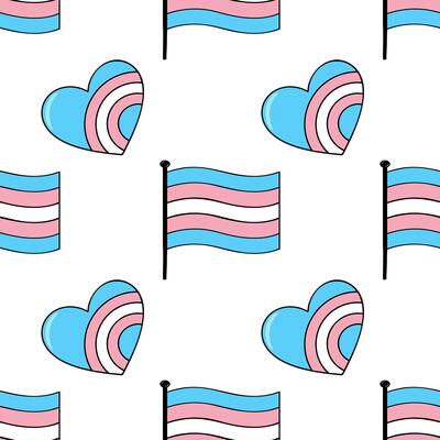 Seamless pattern with transgender flag and hearts, a vibrant design featuring pastel blue, pink, and white colors.