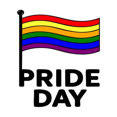 This illustration features a stylized rainbow flag waving on a pole, accompanied by the bold text PRIDE DAY, creating a vibrant and celebratory design perfect for Pride Month celebrations...