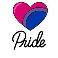 A illustration of a bisexual pride heart with a bold, stylized Pride script below, showcasing vibrant pink, purple, and blue colors against a white background. vector