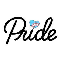 illustration of the word Pride in a stylish script font, featuring a small heart incorporating the transgender pride flag colors. vector