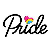 illustration of the word Pride in a stylish script font, featuring a small pansexual heart as a unique design element. vector