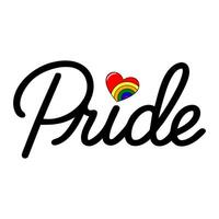 Stylish illustration of the word Pride in a bold, cursive script, featuring a small rainbow heart nestled within the design, ideal for LGBTQ themed projects. vector