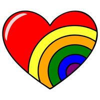 Vibrant illustration of a red heart incorporating a rainbow arc design, showcasing bold colors and a playful, celebratory style. vector