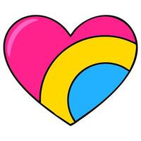 Vibrant illustration of a pink, yellow, and blue heart with bold black outlines, showcasing a modern and playful design ideal for Pride celebrations or LGBTQIA themed projects. vector