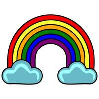 Vibrant illustration of a cartoon rainbow with stylized clouds, featuring bold outlines and a playful color palette, perfect for childrens designs or whimsical projects. vector