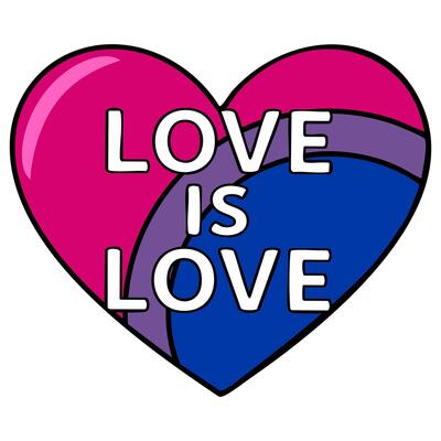 A vibrant illustration of a heart divided into pink, purple, and blue sections, featuring the bold text LOVE IS LOVE, representing bisexual pride.