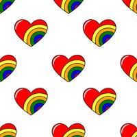 Seamless pattern of bright red hearts with embedded rainbow stripes, creating a cheerful and vibrant design ideal for festive backgrounds or LGBTQ themed projects. vector