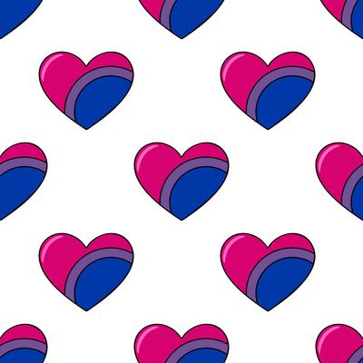 Seamless pattern of stylized bisexual pride hearts with a glossy effect, featuring a vibrant pink, purple, and blue color scheme.