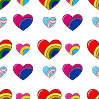 Seamless pattern of colorful hearts with rainbow stripes, featuring a variety of sizes and LGBTQ flag-inspired color schemes, perfect for Pride celebrations or inclusive designs. vector