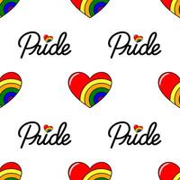 Seamless pattern featuring rainbow hearts and Pride lettering, a vibrant design perfect for LGBTQ celebrations and apparel. vector