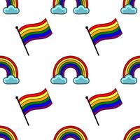 Seamless pattern featuring vibrant rainbows and LGBTQ pride flags, ideal for celebratory backgrounds or textile designs. vector