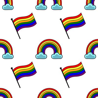 Seamless pattern featuring vibrant rainbows and LGBTQ pride flags, ideal for celebratory backgrounds or textile designs.