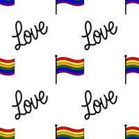 Seamless pattern featuring vibrant rainbow flags and the word Love in a playful, hand-drawn style, perfect for Pride celebrations and LGBTQ themed designs. vector