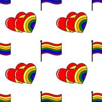 Seamless pattern featuring vibrant rainbow hearts and flags, symbolizing LGBTQ pride and love, perfect for festive designs. vector
