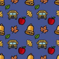 Delightful seamless pattern featuring a cheerful back-to-school theme with school buses, apples, bells, and autumn leaves on a deep blue background, perfect for educational designs. vector