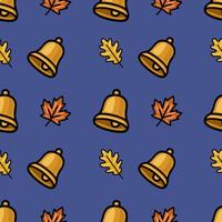 A charming seamless pattern featuring golden bells and autumn leaves on a deep blue background, perfect for fall-themed designs and back-to-school projects. vector