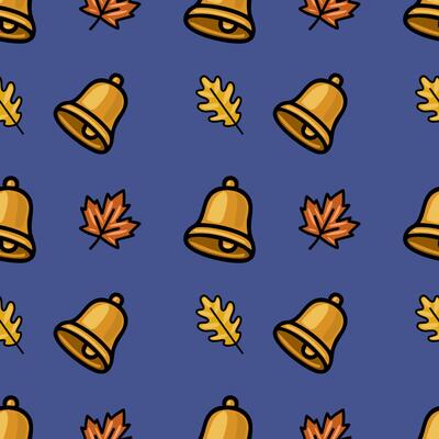 A charming seamless pattern featuring golden bells and autumn leaves on a deep blue background, perfect for fall-themed designs and back-to-school projects.