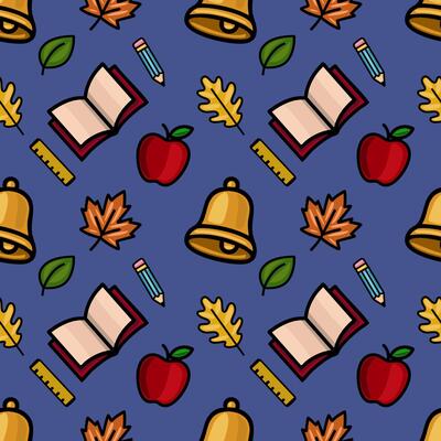 A vibrant seamless pattern featuring a playful mix of school supplies, autumn leaves, and a school bell, set against a deep blue background, ideal for back-to-school designs.