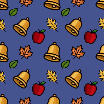 A vibrant seamless pattern featuring golden school bells, ripe red apples, and autumn leaves on a deep blue background, ideal for educational or fall-themed designs.
