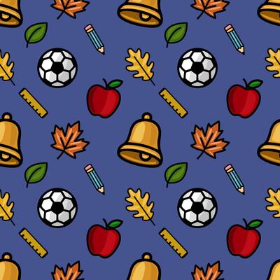 A vibrant seamless pattern featuring school supplies, autumn leaves, and a soccer ball, creating a playful back-to-school design on a deep blue background.
